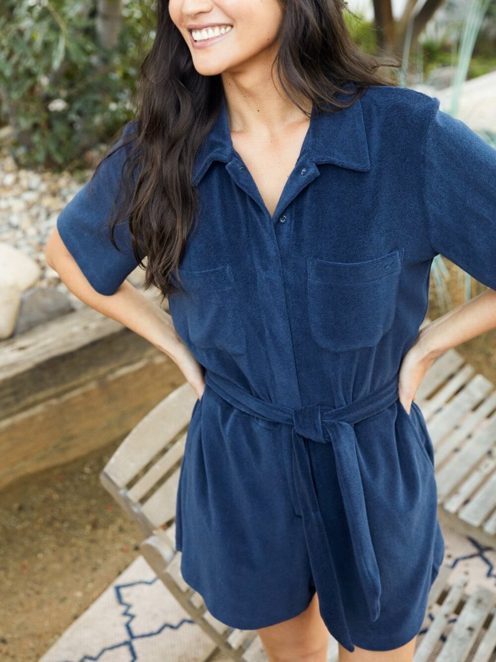 Outerknown Rewind Terry Romper Night Navy Belted Short Sleeve Size M